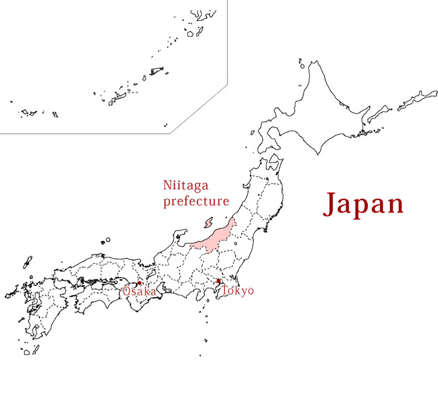 日本のシルエットと、新潟の位置を表すイメージ